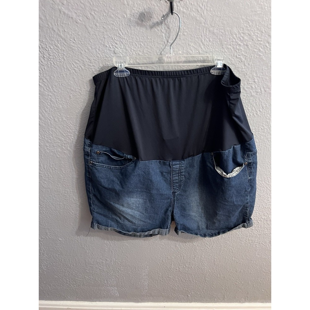 Times Two Stretch Dark Wash Maternity Shorts Blue Denim Over Belly Size 3X